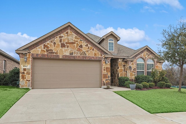 view of front of property featuring a front lawn, stone siding, and concrete driveway