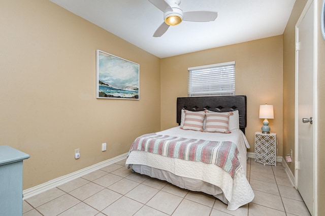 bedroom with light tile patterned flooring and ceiling fan