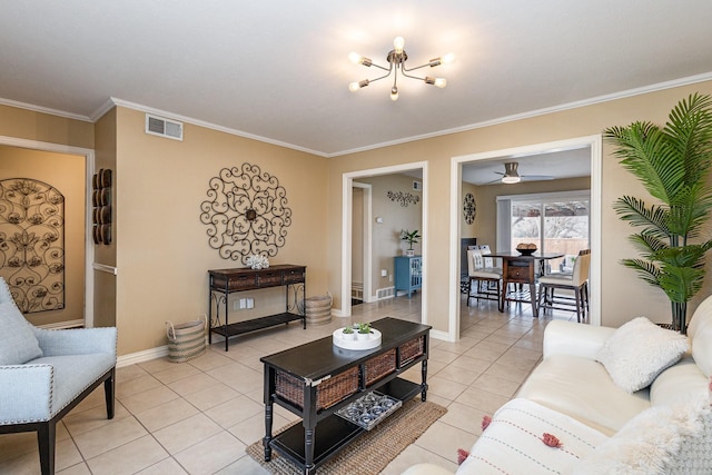 tiled living room with ornamental molding