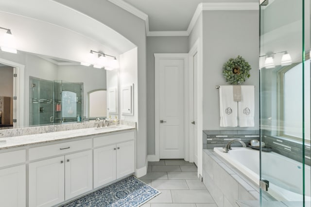 bathroom with crown molding, shower with separate bathtub, vanity, and tile patterned floors