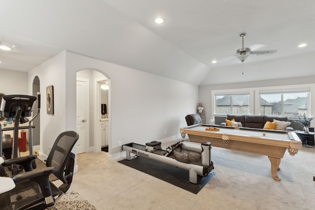 rec room featuring lofted ceiling, light colored carpet, ceiling fan, and billiards