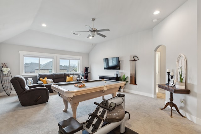 rec room with ceiling fan, billiards, lofted ceiling, and light carpet