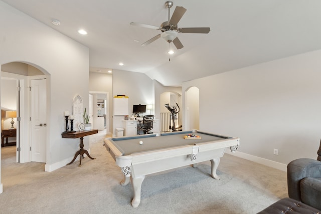 playroom with ceiling fan, light colored carpet, vaulted ceiling, and billiards