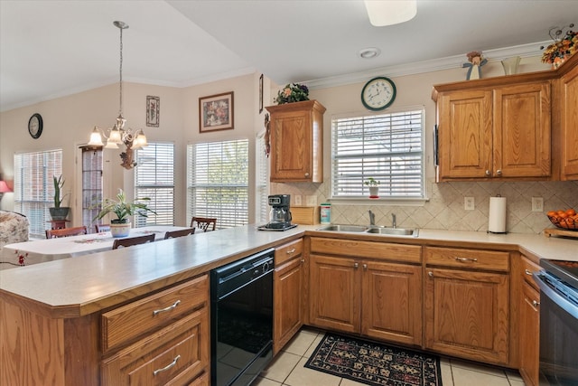 kitchen with light tile patterned flooring, black dishwasher, kitchen peninsula, and sink