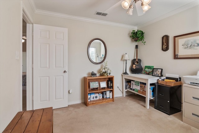 office space with light carpet, ornamental molding, and ceiling fan