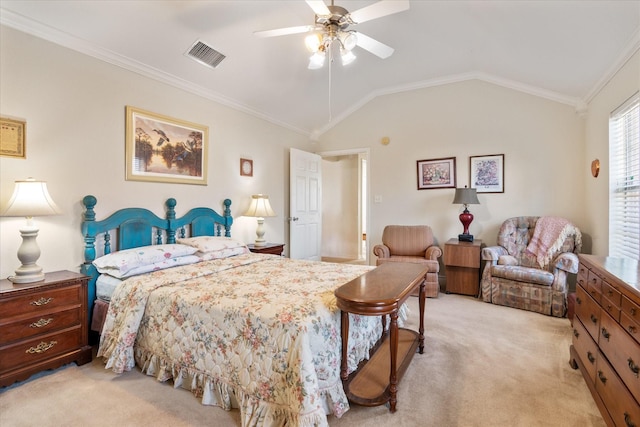 bedroom with light carpet, crown molding, lofted ceiling, and ceiling fan