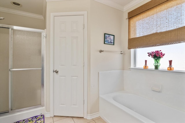 bathroom featuring ornamental molding, tile patterned floors, and shower with separate bathtub