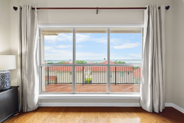 spare room featuring plenty of natural light, wood finished floors, and baseboards