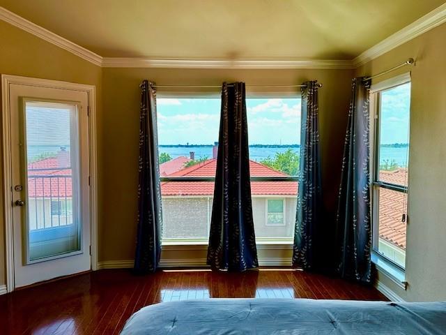 spare room featuring plenty of natural light, ornamental molding, baseboards, and wood-type flooring