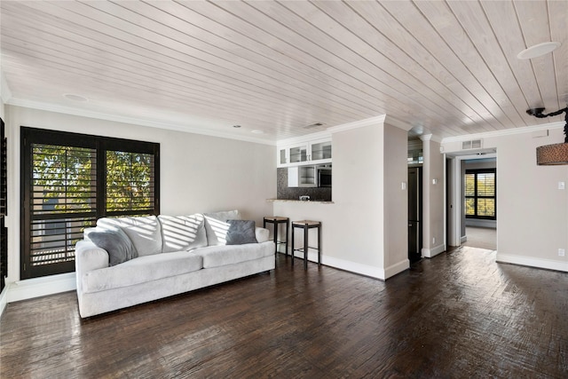 living room with wood ceiling, crown molding, and dark hardwood / wood-style floors