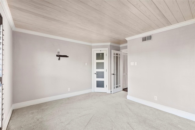 empty room with light colored carpet, ornamental molding, and wooden ceiling