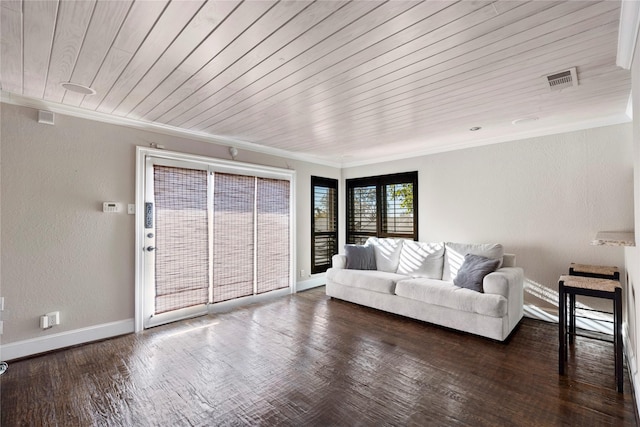 living room featuring crown molding, dark hardwood / wood-style floors, and wood ceiling