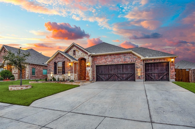 view of front of home featuring a garage and a lawn