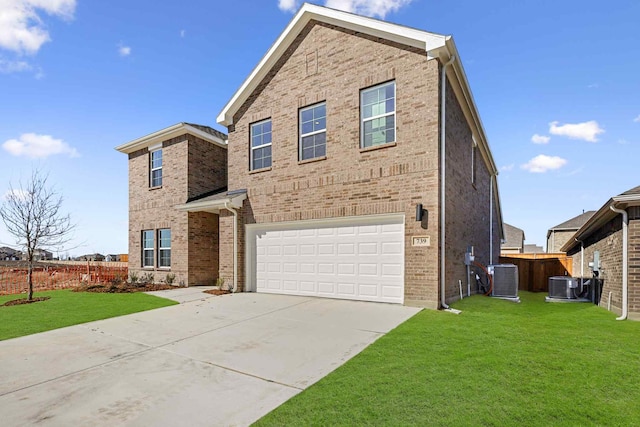 view of front of home featuring central AC unit, a garage, and a front lawn