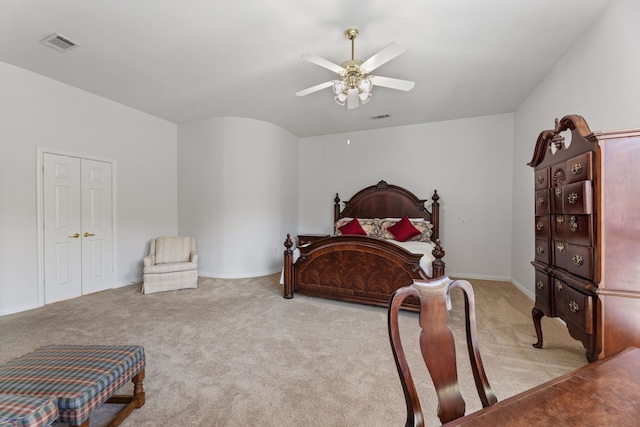 carpeted bedroom with ceiling fan