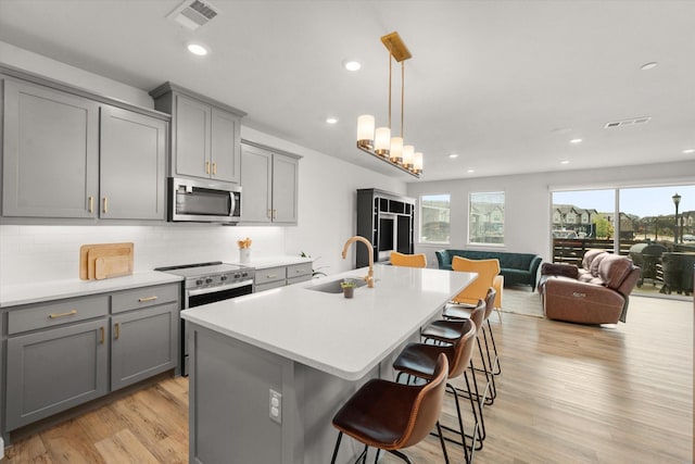 kitchen featuring gray cabinetry, sink, a kitchen island with sink, and stainless steel appliances