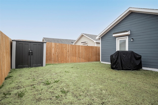 view of yard featuring a storage unit