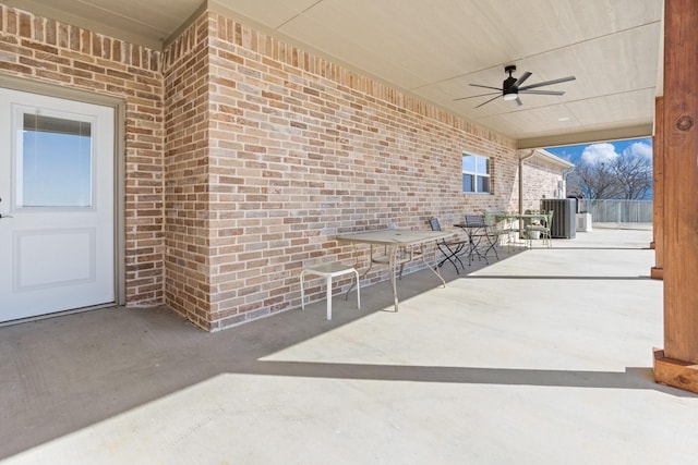 view of patio featuring ceiling fan and central air condition unit