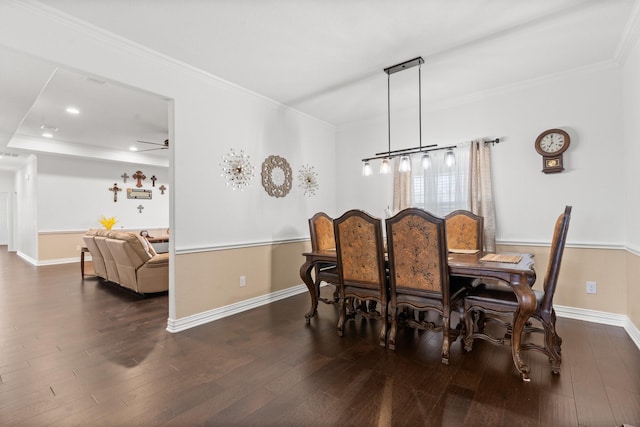 dining area with ceiling fan, ornamental molding, and dark hardwood / wood-style flooring