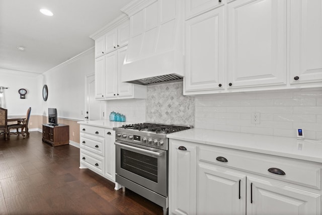 kitchen with crown molding, stainless steel range with gas stovetop, tasteful backsplash, white cabinets, and custom exhaust hood