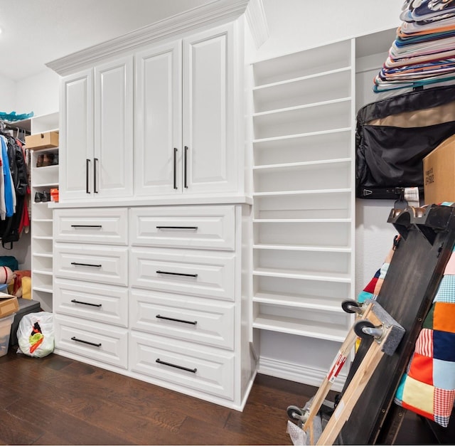 walk in closet with dark wood-type flooring