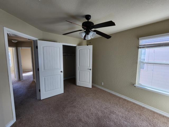 unfurnished bedroom featuring ceiling fan, dark carpet, and a closet