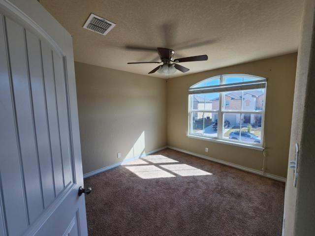 unfurnished room with ceiling fan, carpet, and a textured ceiling