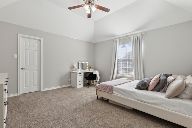 bedroom featuring lofted ceiling, light colored carpet, and ceiling fan