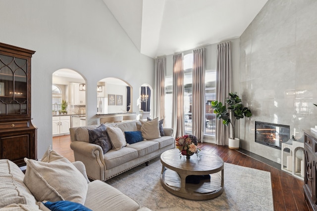 living room featuring dark hardwood / wood-style flooring, sink, high vaulted ceiling, and a premium fireplace