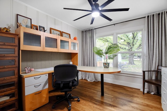 office space with light hardwood / wood-style flooring, ornamental molding, and ceiling fan