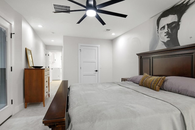 carpeted bedroom featuring ceiling fan