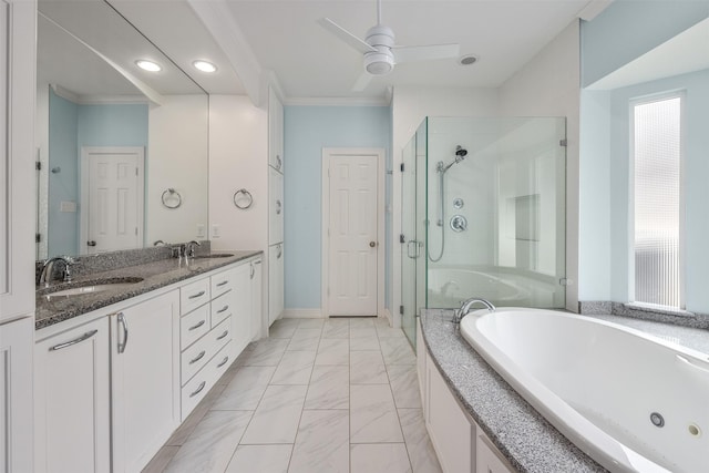 bathroom featuring independent shower and bath, vanity, ornamental molding, and ceiling fan