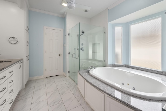 bathroom featuring vanity, ornamental molding, plus walk in shower, and ceiling fan