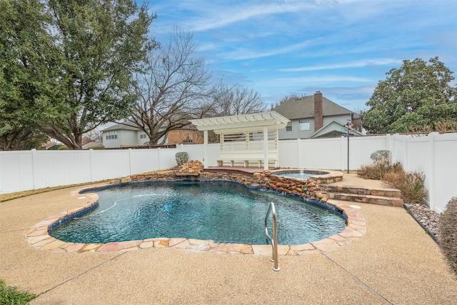 view of swimming pool with an in ground hot tub, pool water feature, a pergola, and a patio