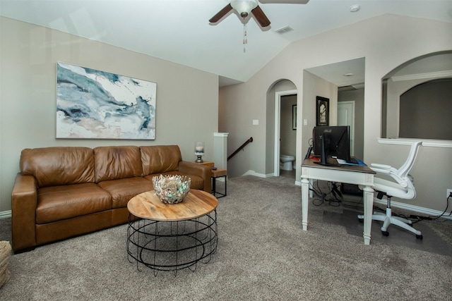 living room featuring lofted ceiling, carpet floors, and ceiling fan