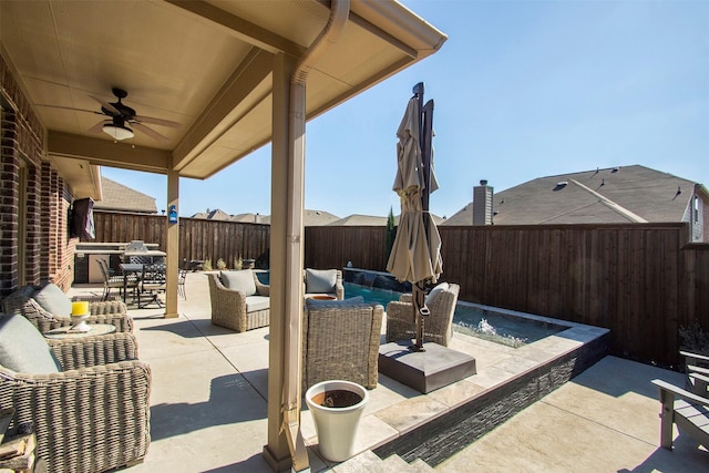 view of patio / terrace with pool water feature, an outdoor hangout area, and ceiling fan