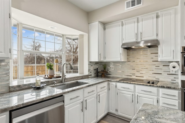 kitchen with visible vents, white cabinets, appliances with stainless steel finishes, under cabinet range hood, and a sink