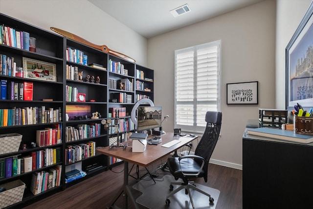 home office featuring dark wood-type flooring