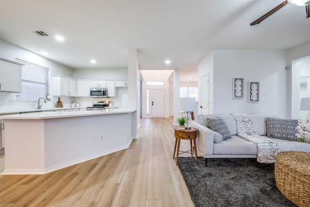 living room featuring ceiling fan and light wood-type flooring