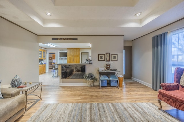 living room with crown molding, a tray ceiling, and light hardwood / wood-style flooring