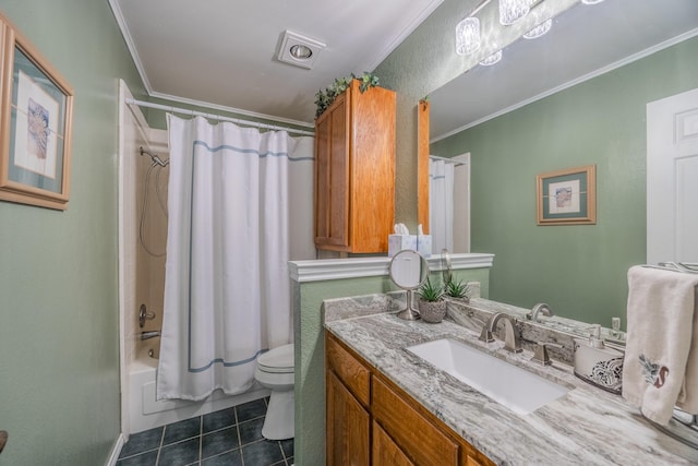 full bathroom featuring tile patterned flooring, vanity, ornamental molding, and toilet