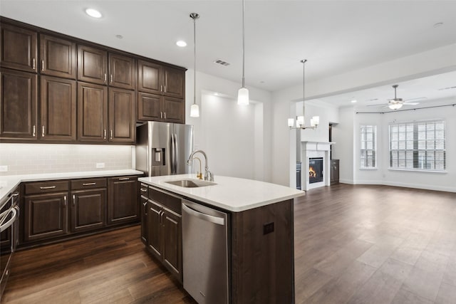 kitchen featuring sink, appliances with stainless steel finishes, hanging light fixtures, a center island with sink, and decorative backsplash