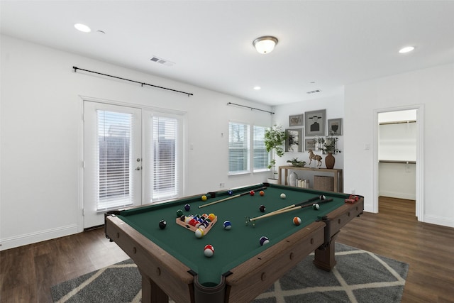 game room featuring dark hardwood / wood-style floors, billiards, and french doors