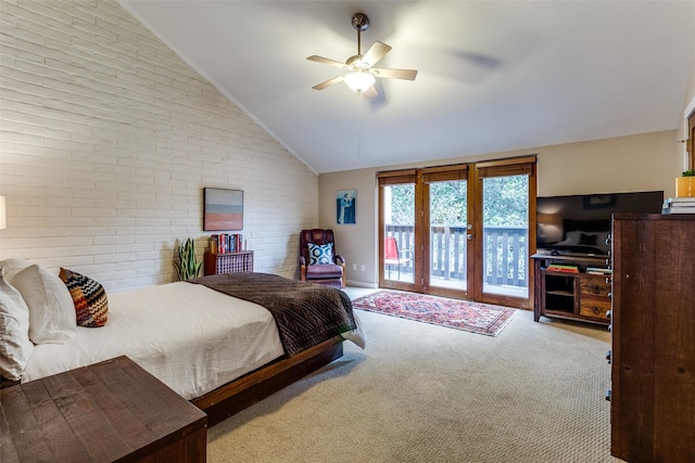 bedroom with lofted ceiling, access to exterior, light carpet, and ceiling fan