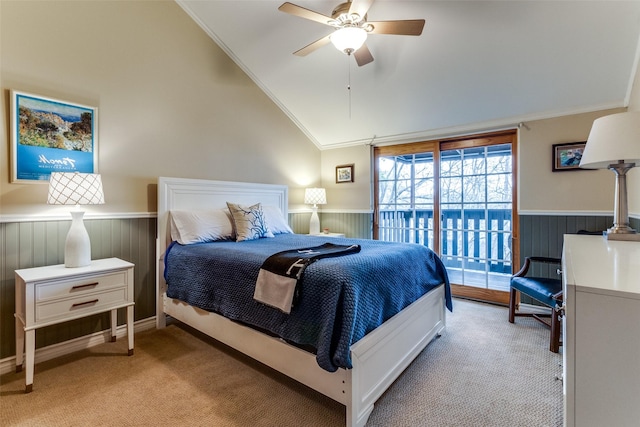 carpeted bedroom with crown molding, ceiling fan, lofted ceiling, and access to exterior