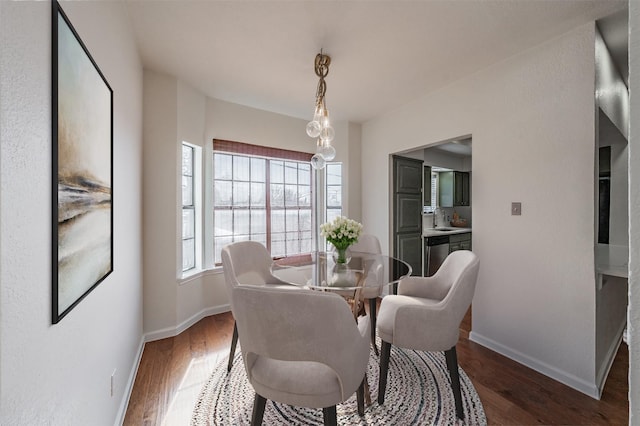 dining area with dark hardwood / wood-style flooring and sink