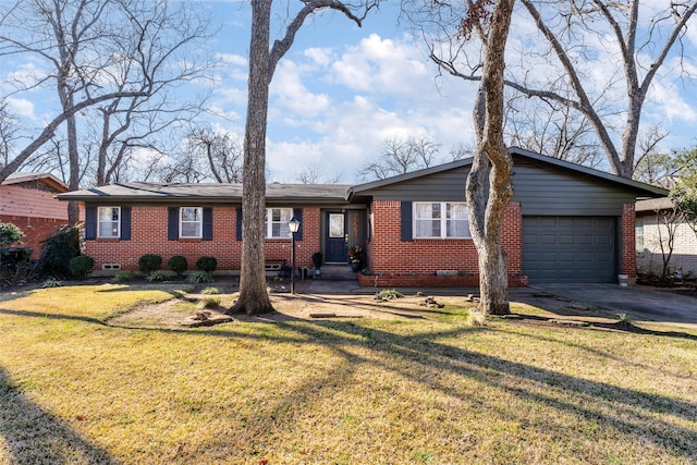 single story home with a garage and a front lawn