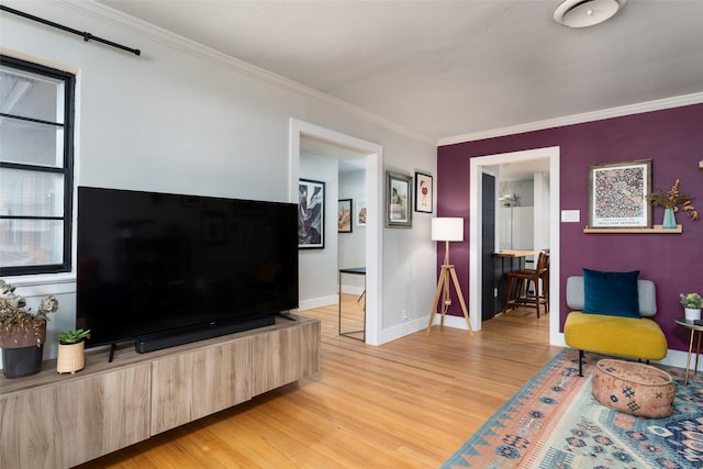 living room with ornamental molding and light hardwood / wood-style floors