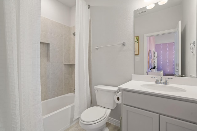 bathroom featuring visible vents, shower / bathtub combination with curtain, toilet, and vanity