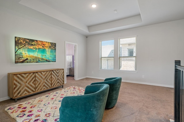 sitting room featuring a tray ceiling, carpet flooring, and baseboards